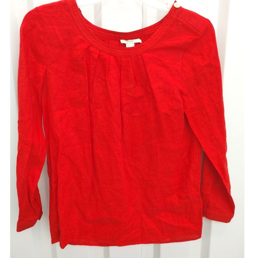 J.Crew Top Blouse 100% Linen Sz 2 Red Long Sleeve Pleated NWT